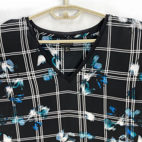 Worthington Top Blouse Women Medium M Black Blue Floral Print Semi Sheer V-Neck - Picture 2 of 7